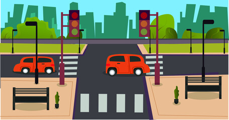 Obraz premium City illustration flat design road walk with a car