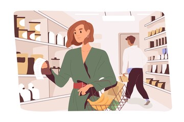 Customer checking grocery list, buying food according to checklist in supermarket. Planned shopping concept. Woman buyer with basket in retail store. Everyday life scene. Flat vector illustration