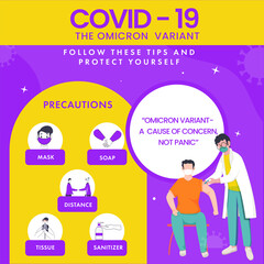 Obraz premium Covid-19 The Omicron Variant Based Poster Design With Precautions Details And Doctor Vaccinated To Patient.