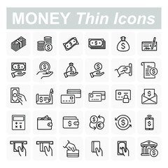 Simple Set of Money Related Vector Line Icons. Contains such Icons as Wallet, ATM, Bundle of Money, Hand with a Coin and more