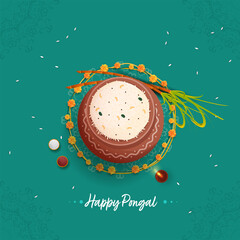 Happy Pongal Celebration Background With Top View Of Traditional Dish (Rice) In Mud Pot, Sugarcane, Lit Oil Lamp (Diya). - obrazy, fototapety, plakaty