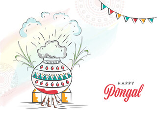 Happy Pongal Celebration Concept With Doodle Style Traditional Dish Making In Mud Pot Over Bonfire, Sugarcane And Brush Effect On White Mandala Pattern Background.