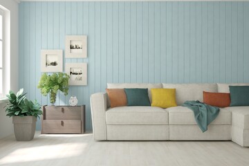 Blue living room with colorful furniture. Scandinavian interior design. 3D illustration
