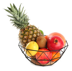 Fresh ripe fruits in metal bowl on white background