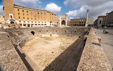 Lecce, Puglia, Italy. August 2021. Amazing view of the Roman amphitheater in piazza sant'Oronzo....