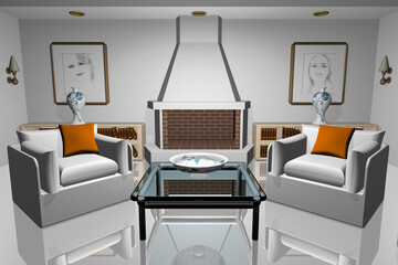 Casa. Interno salotto con caminetto, poltrone, sofà, quadri..