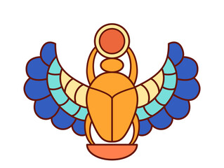 Vector icon of egyptian scarab beetle, illustration of golden scarab bug isolated on white background, souvenir print with symbol of Egypt