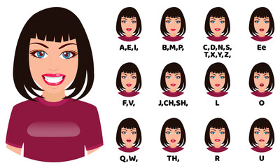 Cute  girl character avatar and with mouth animation pack with lip syncing set for animation and sound pronunciation