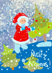 A child dressed as Santa near the Christmas tree