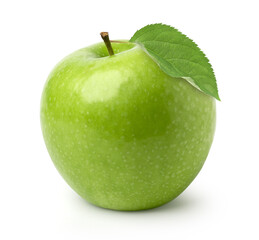 fresh green apple fruit with leaves isolated on white background, single..