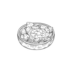 Bowl of traditional mexican dish chilaquiles, outline sketch vector illustration isolated on white background.