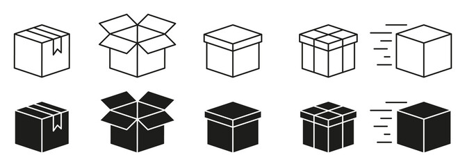 Cardboard Boxes Line and Silhouette Icon Set. Open and Closed Parcel Collection Icon. Delivery icon. Carton Boxes. Editable Stroke. Isolated Vector Illustration