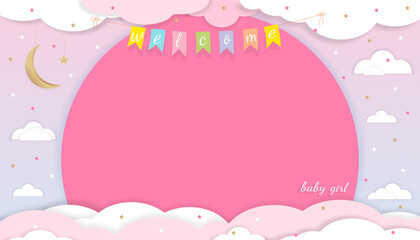 Baby Girl shower card on Pink background,Paper art abstract origami cloudscape, crescent moon and stars on Pink sky,Vector illustration Cute paper cut with copy space for Girl's photos