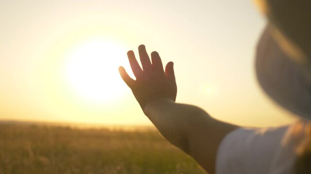 child's hand stretches out to rays of sun during sunset, beautiful. child dreams of turning to sky with hand. happy child stretches his hand to rays sun at sunset. Childhood dream concept, freedom