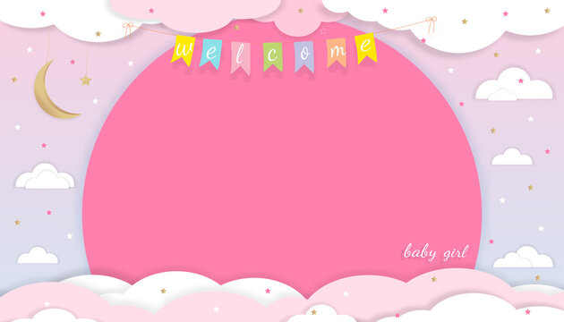 Baby Girl shower card on Pink background,Paper art abstract origami cloudscape, crescent moon and stars on Pink sky,Vector illustration Cute paper cut with copy space for Girl's photos