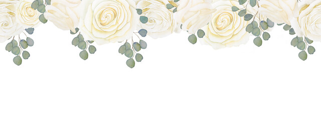 Hand drawn white rose flowers and eucalyptus leaves. Seamless horizontal watercolor wedding pattern. Background border for invitation and greeting cards.