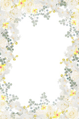 Wedding forms and frames for invitations and cards. Watercolor white flowers and eucalyptus branches on an isolated white background. Delicate romantic classic background for congratulations.