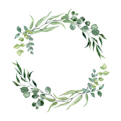 Watercolor greenery frame illustration. Green eucalyptus foliage, herbal branches wreath. Hand painted botanical arrangement. Invitation template. © Anna Nekotangerine