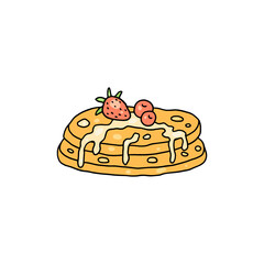 Pile of pancakes with syrup and strawberry, colored sketch vector illustration isolated on white background.