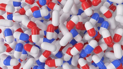 Medical pills 3d red and blue meds on white background render