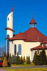 Modernistic Sanctuary of the Divine Mercy church at Potockich street in Sedziszow of Podkarpacie region in Lesser Poland - obrazy, fototapety, plakaty