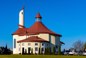 Modernistic Sanctuary of the Divine Mercy church at Potockich street in Sedziszow of Podkarpacie region in Lesser Poland - obrazy, fototapety, plakaty
