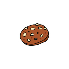 Chocolate cookie with almond or peanut chips, colored doodle vector illustration isolated on white background.