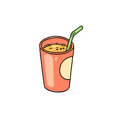 Orange juice or sprinkled drink in plastic cup with straw, doodle vector illustration isolated on white background.