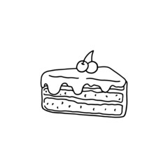 Doodle layered cake with cream and cherry, vector illustration isolated on white background.