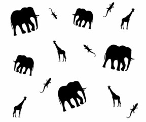 seamless African pattern of elephant, giraffe and lizard silhouettes