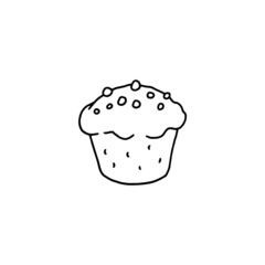 Hand drawn muffin with thin outline, doodle vector illustration isolated on white background.