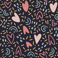 Valentine's Day seamless pattern. Trendy flat hand drawn hearts and decorative love elements.