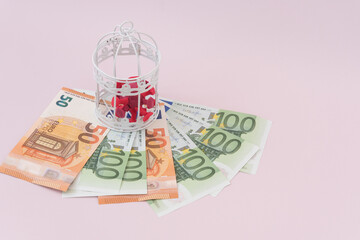 On the euro bills is a cage with coronavirus. The concept of pandemic costs. Costs of health and...