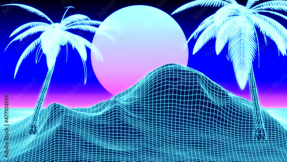 Aufkleber retro 80s synthwave styled 3d landscape with endless perspective laser grid, palm trees and sun.
