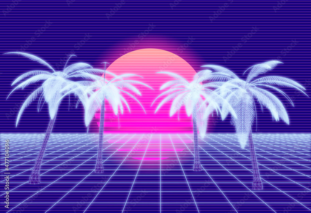 Poster retro 80s synthwave styled 3d landscape with endless perspective laser grid, palm trees and sun.