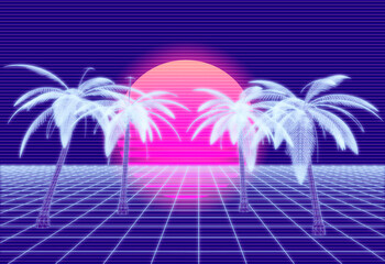 Retro 80s synthwave styled 3D landscape with endless perspective laser grid, palm trees and sun.