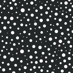 Abstract seamless pattern white points. Texture with white circles various size on black background. Vector illustration in flat simple design