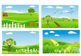 Fototapeta premium Countryside natural landscapes set, green hills, meadows, vector