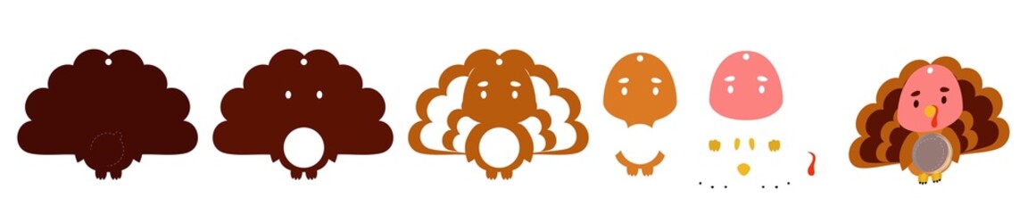 Cute turkey candy ornament. Layered paper decoration treat holder for dome. Hanger for sweets, candy for birthday, baby shower, halloween, christmas. Print, cut out, glue. Vector stock illustration