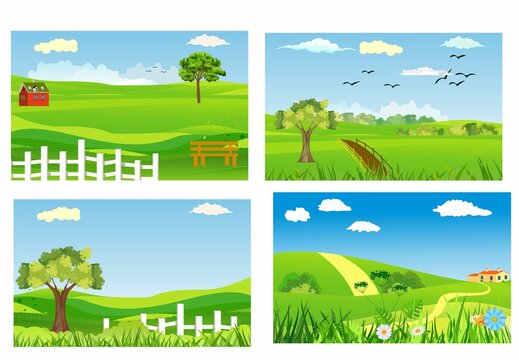 Countryside natural landscapes set, green hills, meadows, vector