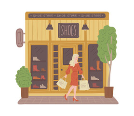 Facade of shoe shop with fashion footwear, flat vector illustration isolated.