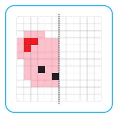 Picture reflection educational game for kids. Learn to complete symmetry worksheets for preschool activities. Coloring grid pages, visual perception and pixel art. Finish the pink bear face drawing.