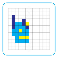 Picture reflection educational game for kids. Learn to complete symmetry worksheets for preschool activities. Coloring grid pages, visual perception and pixel art. Finish the blue robot face drawing.