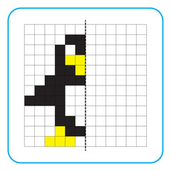 Picture reflection educational game for kids. Learn to complete symmetry worksheets for preschool activities. Coloring grid pages, visual perception and pixel art. Complete the penguin drawing.