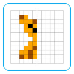 Picture reflection educational game for kids. Learn to complete symmetry worksheets for preschool activities. Coloring grid pages, visual perception and pixel art. Finish the image of the stuffed dog.
