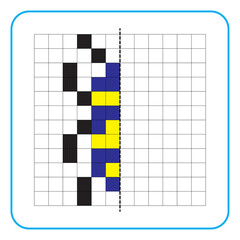 Picture reflection educational game for kids. Learn to complete symmetry worksheets for preschool activities. Coloring grid pages, visual perception and pixel art. Complete the blue insect image.