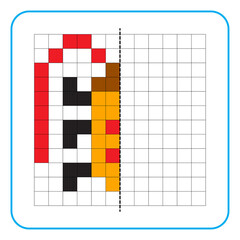 Picture reflection educational game for kids. Learn to complete symmetry worksheets for preschool activities. Coloring grid pages, visual perception and pixel art. Finish the long antennae insect.