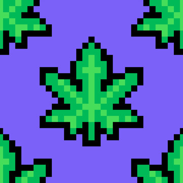 Seamless pattern marijuana leaf weed pixel art