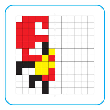 Picture reflection educational game for kids. Learn to complete symmetry worksheets for preschool activities. Coloring grid pages, visual perception and pixel art. Complete the red claw crab image.