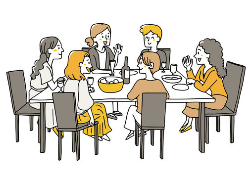 レストランで食事と会話を楽しむ女性たち　飲食店での女子会のシーン　ゆるい線画の人物イラスト